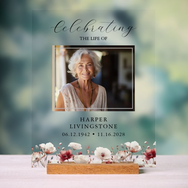 Pink and White Poppy Photo Memorial 11x14 Acrylic Sign (Neutral)