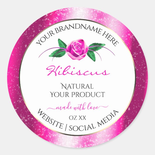 Pink and White Product Labels Floral Rose Glitter (Front)