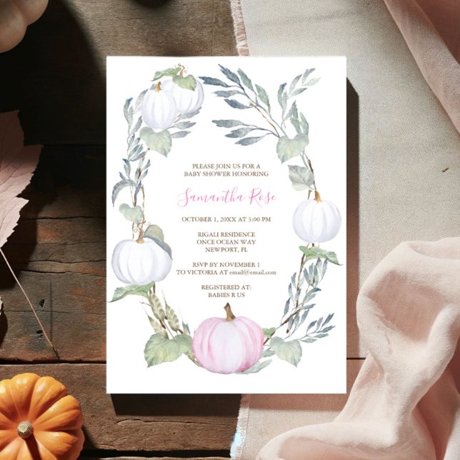 Pink and WHITE PUMPKIN Greenery BABY Shower Invite (Girl baby shower pink watercolor pumpkin fall invitations)