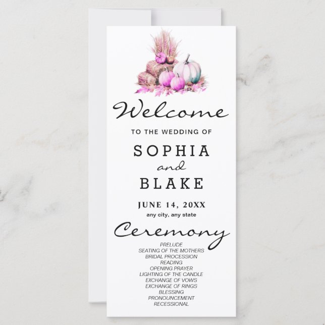 Pink and White Pumpkins Fall Wedding Program (Front)