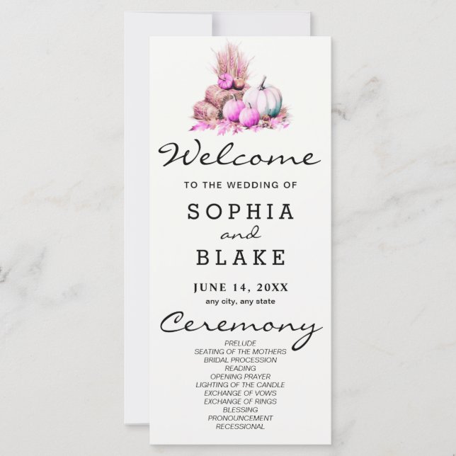 Pink and White Pumpkins Fall White Wedding Program (Front)