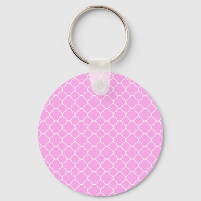 Pink And White Quatrefoil Pattern Key Ring (Front)