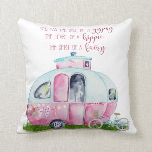 Pink and White Retro Vintage Camper with Quote Cushion