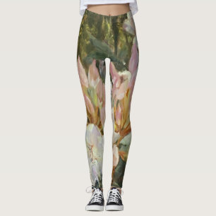 Pink and White Rhododendrons Deep Green Foliage Leggings