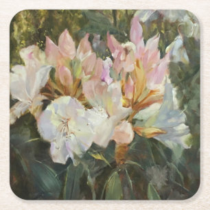 Pink and White Rhododendrons Deep Green Foliage Square Paper Coaster