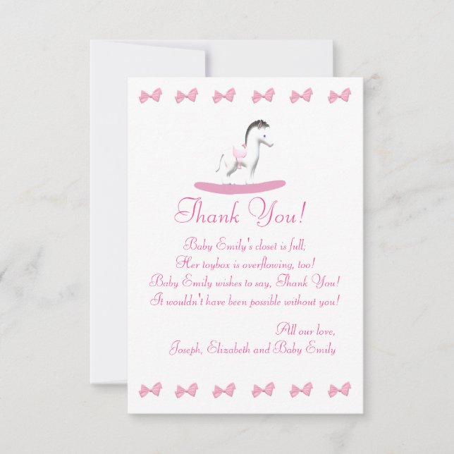 Pink and White Rocking Horse Flat Thank You Card (Front)