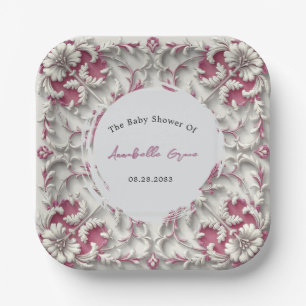 Pink and White Rococo Baroque Girl Baby Shower Paper Plate