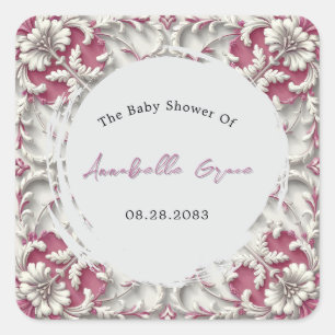 Pink and White Rococo Baroque Girl Baby Shower Square Sticker