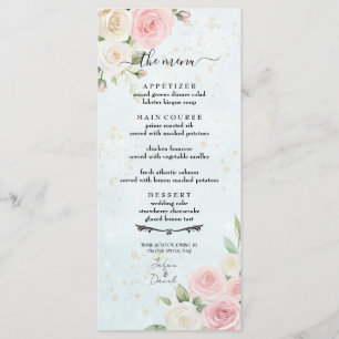 Pink and White Rose Blooms Wedding Menu