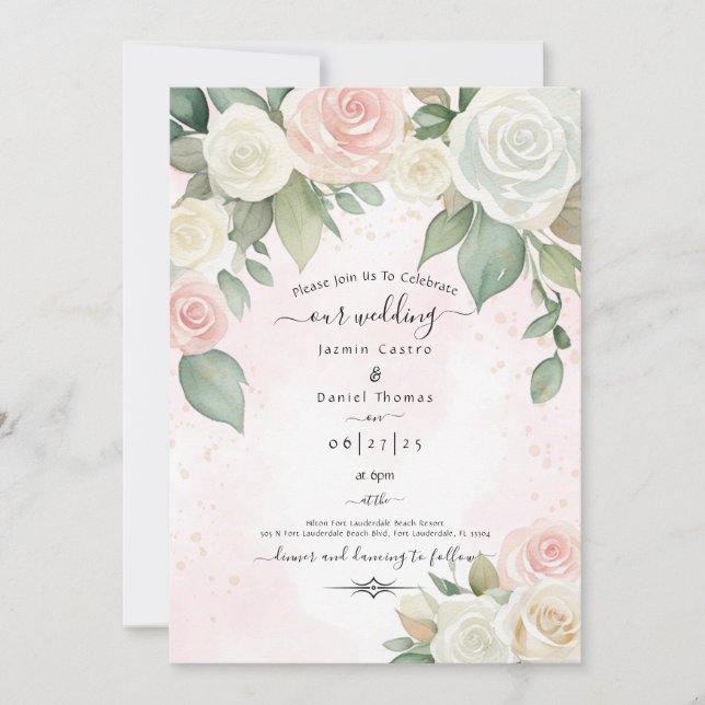 Pink and White Rose Dusky Blooms Invitation (Front)