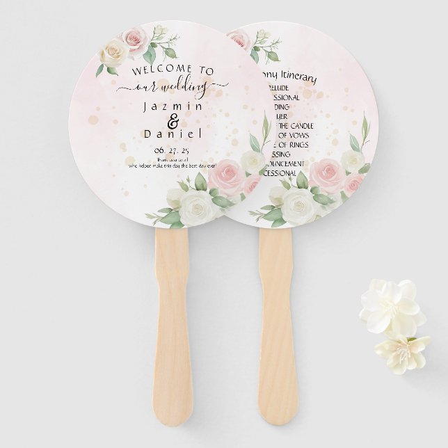 Pink and White Rose Dusky Blooms Program Fans (Front and Back)