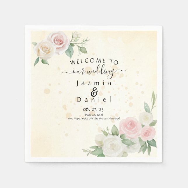 Pink and White Rose Dusky Blooms Program Fans Napkin (Front)