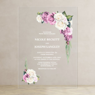 Pink and White Rose Floral Wedding Acrylic Invitations