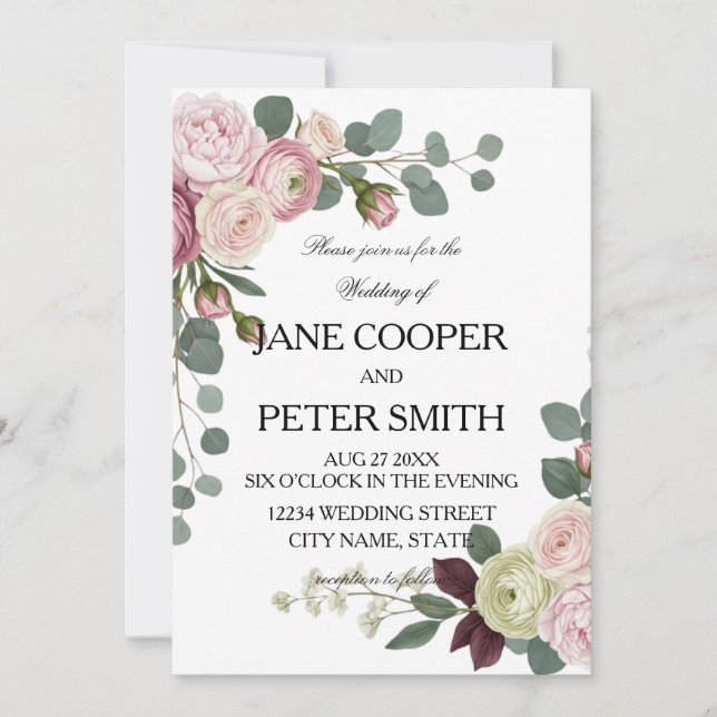 Pink and white roses Budget Wedding Invitation (Front)
