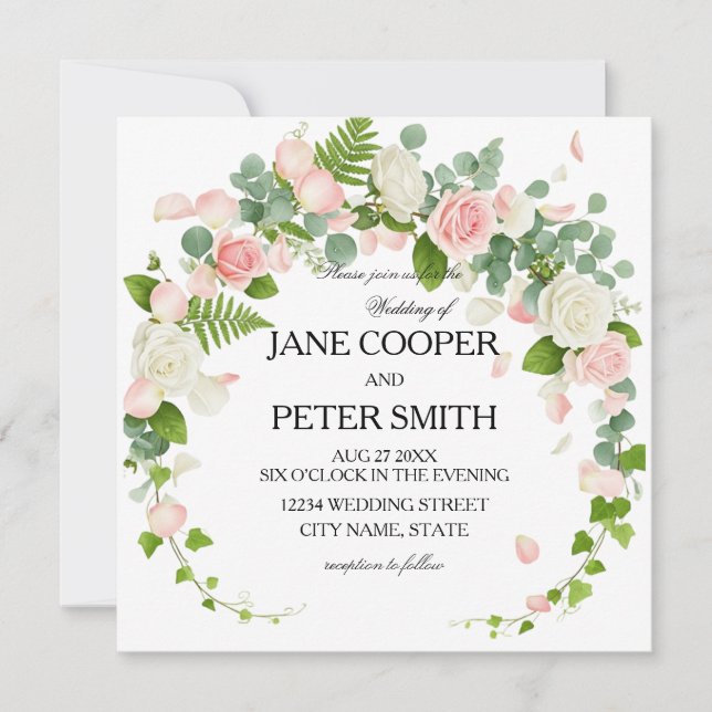 Pink and white roses Budget Wedding Invitation (Front)