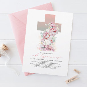 Pink and White Roses Elegant Modern Girl Baptism Invitation