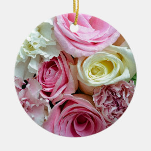 Pink and white roses floral bouquet ceramic tree decoration