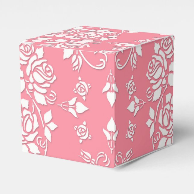 Pink and White Roses Floral Damask Pattern Favour Box (Front Side)