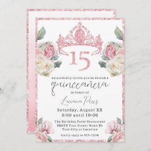 Pink and White Roses Glitter Tiara Quinceañera Invitation