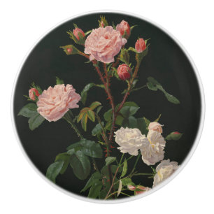 Pink and White Roses on Black Background Ceramic Knob