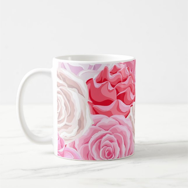 pink and white roses seamless pattern. Flowers tex Coffee Mug (Left)