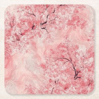 Pink and White Sakura Branches on Navy Blue Custom Square Paper Coaster