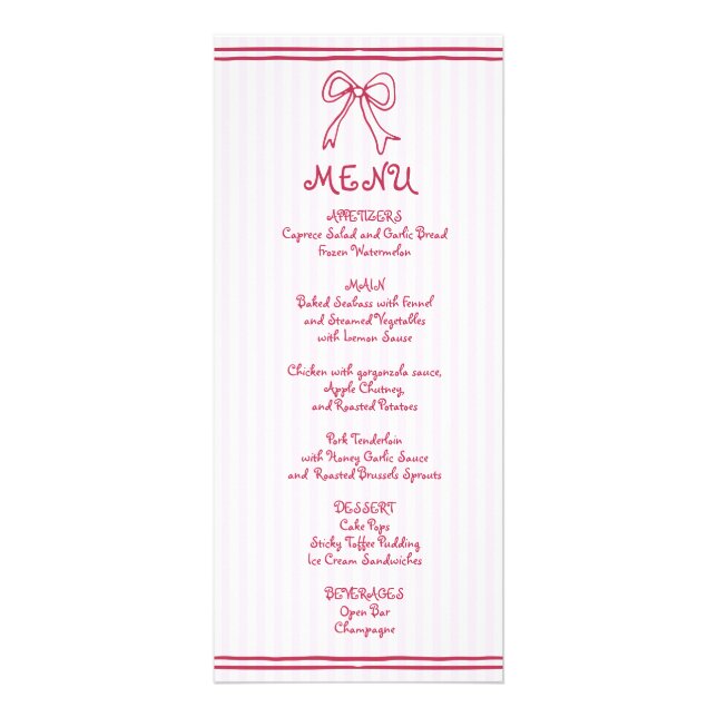 Pink and white scribble bow wedding menu card (Front)