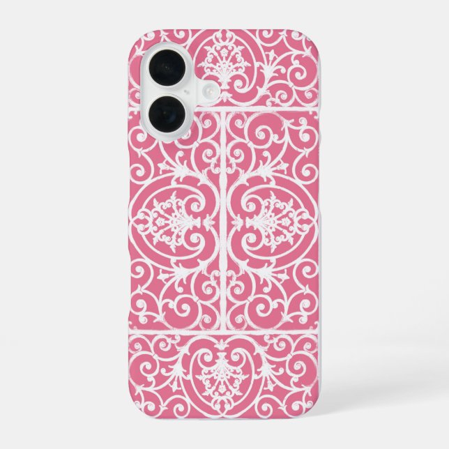 Pink and white scrollwork  iPhone 16 case (Back)