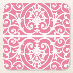 Pink and white scrollwork square paper coaster