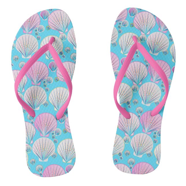 Pink and white sea shells on turquoise jandals (Footbed)