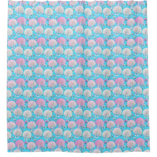Pink and white sea shells on turquoise shower curtain (Front)