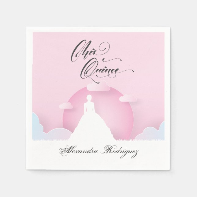 Pink and White Silhouette with Moon Quinceanera Napkin (Front)