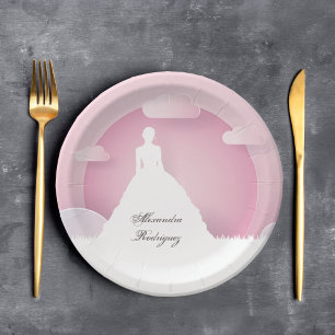 Pink and White Silhouette with Moon Quinceanera Paper Plate
