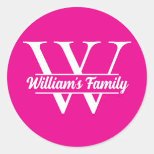 Pink and White Simple Family Name Monogram Classic Round Sticker