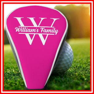 Pink and White Simple Family Name Monogram Golf Head Cover