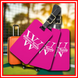 Pink and White   Simple Family Name Monogram  Luggage Tag