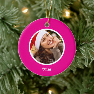 Pink and White Simple Family Name Monogram PHOTO Ceramic Tree Decoration