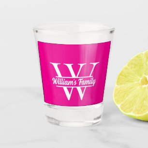 Pink and White Simple Family Name Monogram Shot Glass