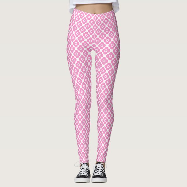 Pink and white simple floral pattern leggings (Front)