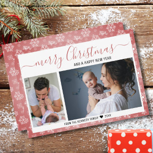 Pink And White Snowflake Merry Christmas Photo Holiday Card