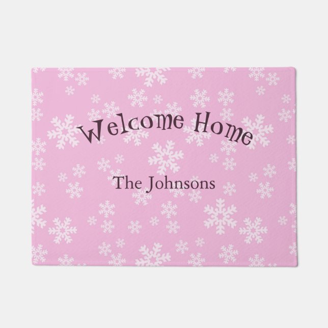 Pink and White Snowflakes Doormat (Front)
