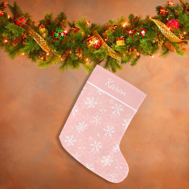 Pink and white snowflakes name Christmas Large Christmas Stocking (Pink and white snowflakes name Christmas Large Christmas Stocking)