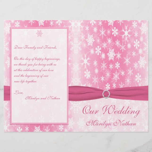 Pink and White Snowflakes Wedding Program (Front)