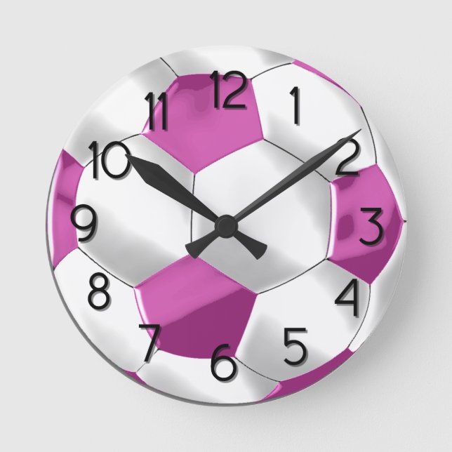 Pink and White Soccer Ball Round Clock (Front)