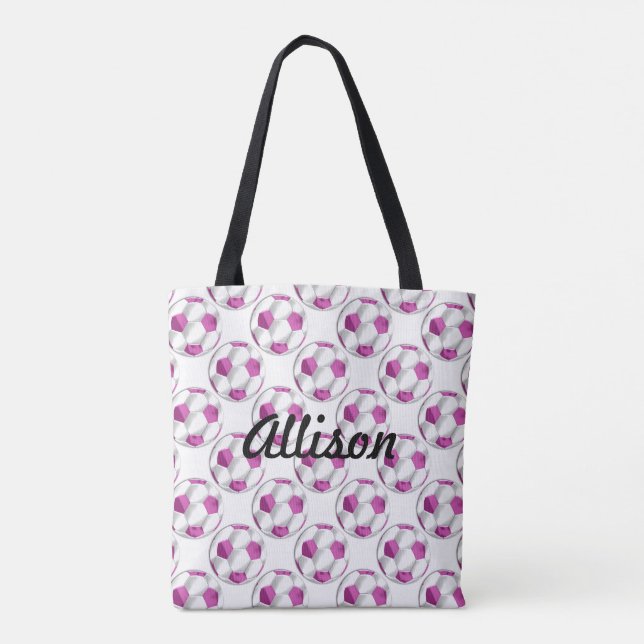 Pink and White Soccer Balls with Name Tote Bag (Back)