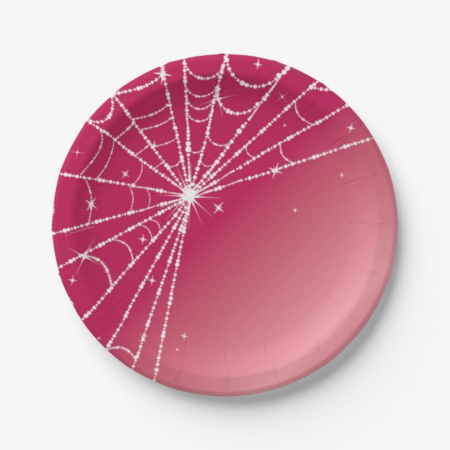 Pink and White Sparkling Diamond Spider Web Paper Plate (Front)