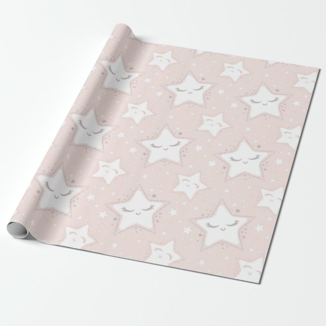 Pink And White Stars Baby Shower Patterns Wrapping Paper (Unrolled)