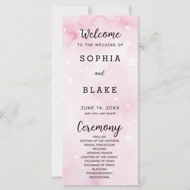 Pink and White Stars Celestial Wedding Program (Front)