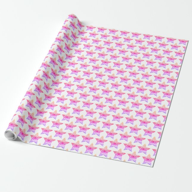 Pink and White Stars Pattern Christmas Elegant Wrapping Paper (Unrolled)