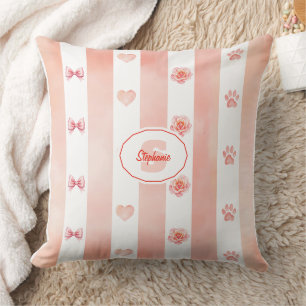 Pink and White Stripe - Hearts, Rose, Paw Print Cushion